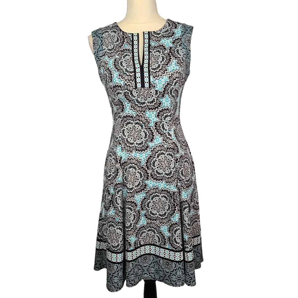 MAGGY LONDON Dress 4 Stretch Fit Flare Sleeveless Split Neck Floral Blue Black